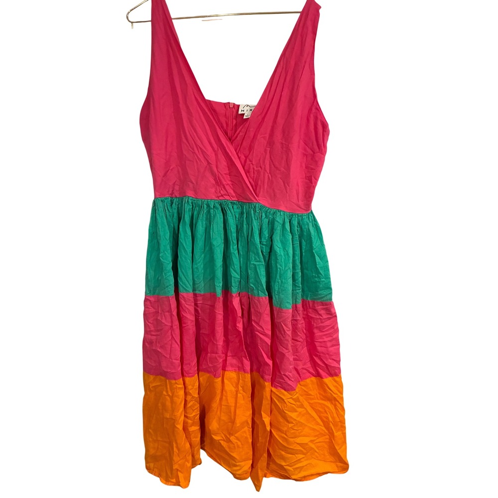 Mira Women Pink Green Orange Colorblock Cotton Tiered V-Neck Midi Dress Large